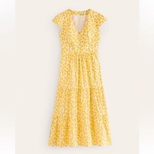 Boden May Cotton Midi Tea Dress Yellow Lemon Print Size 12R Vneck Cap Sleeve